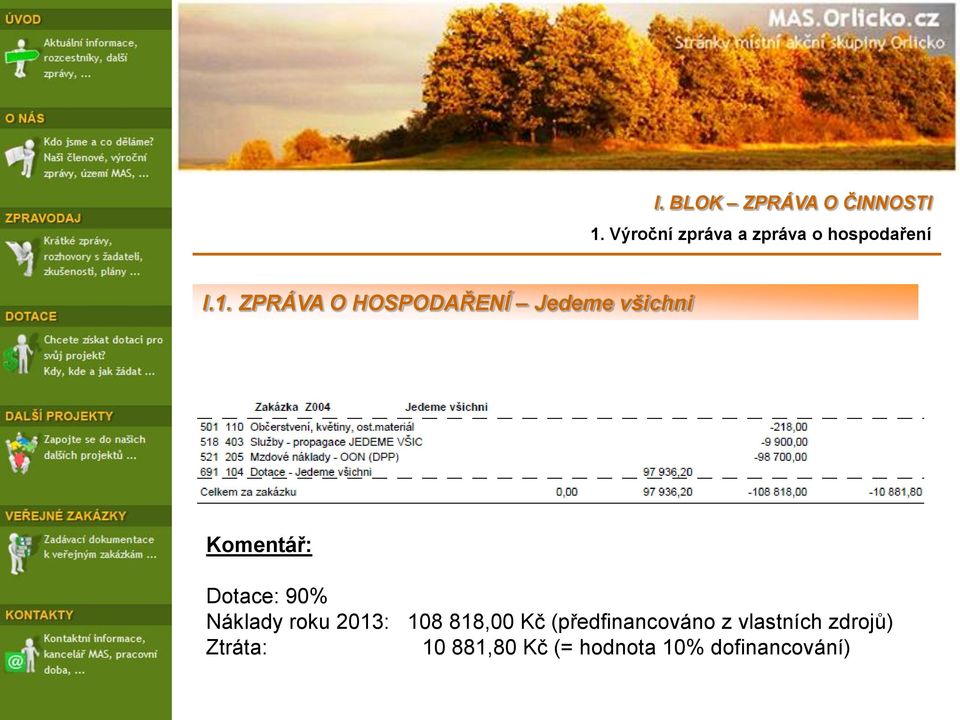 ZPRÁVA O HOSPODAŘENÍ Jedeme všichni Komentář: Dotace: 90%