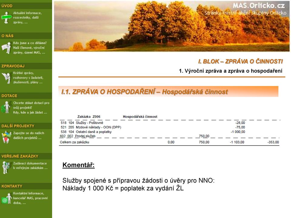 ZPRÁVA O HOSPODAŘENÍ Hospodářská činnost Komentář: