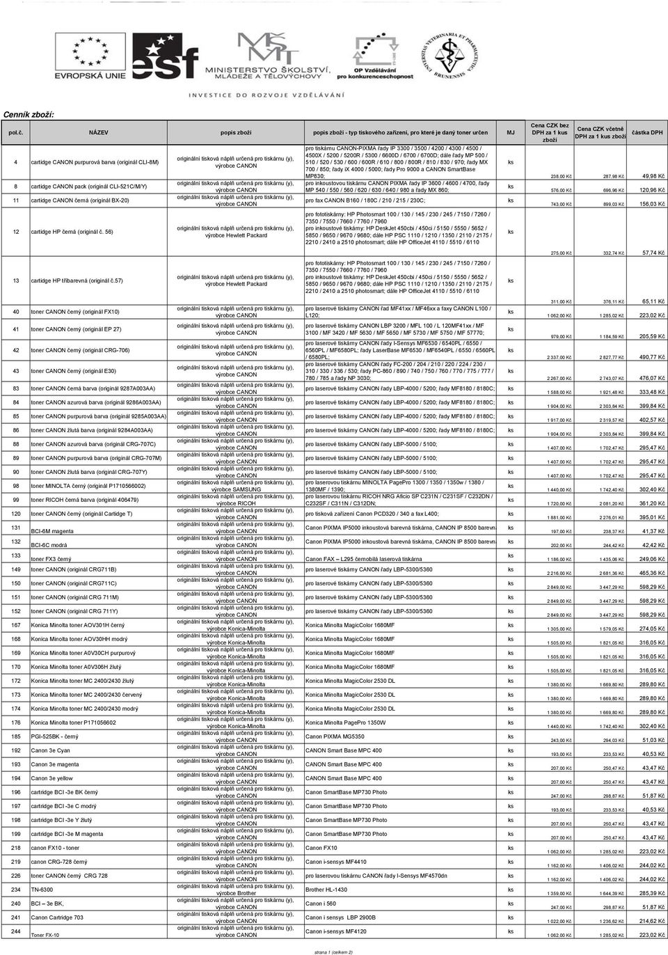 CANON černá (originál BX-20) 12 cartidge HP černá (originál č. 56) 13 cartidge HP tříbarevná (originál č.