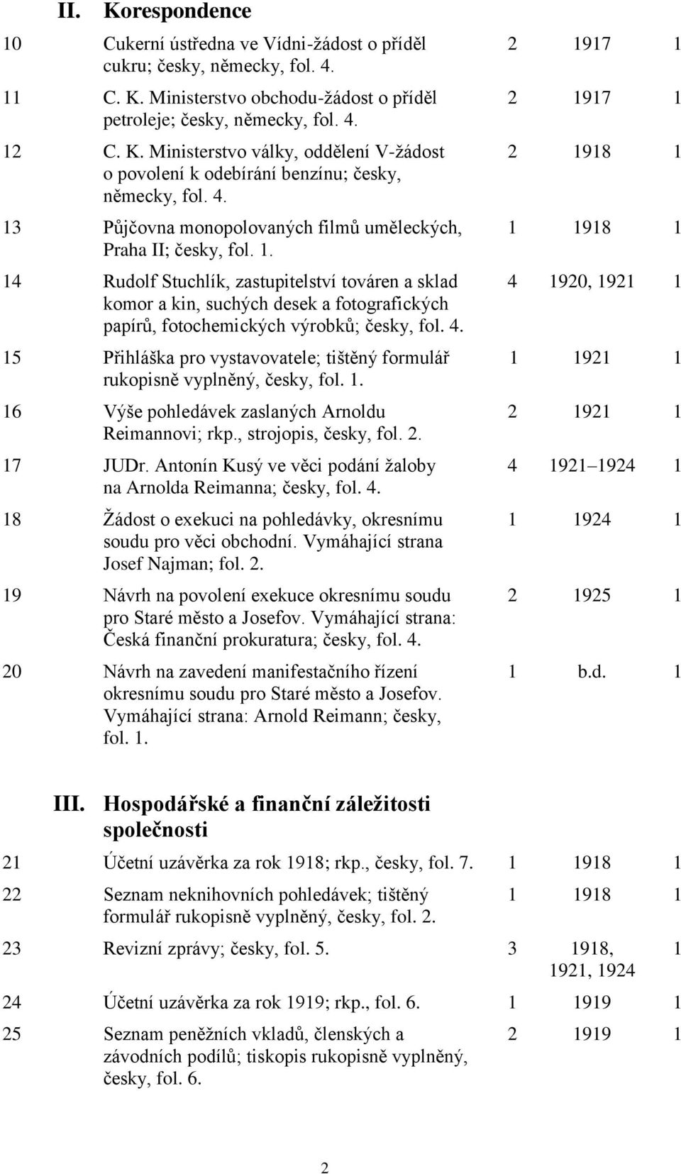 4. 15 Přihláška pro vystavovatele; tištěný formulář rukopisně vyplněný, česky, fol. 1. 16 Výše pohledávek zaslaných Arnoldu Reimannovi; rkp., strojopis, česky, fol. 2. 17 JUDr.