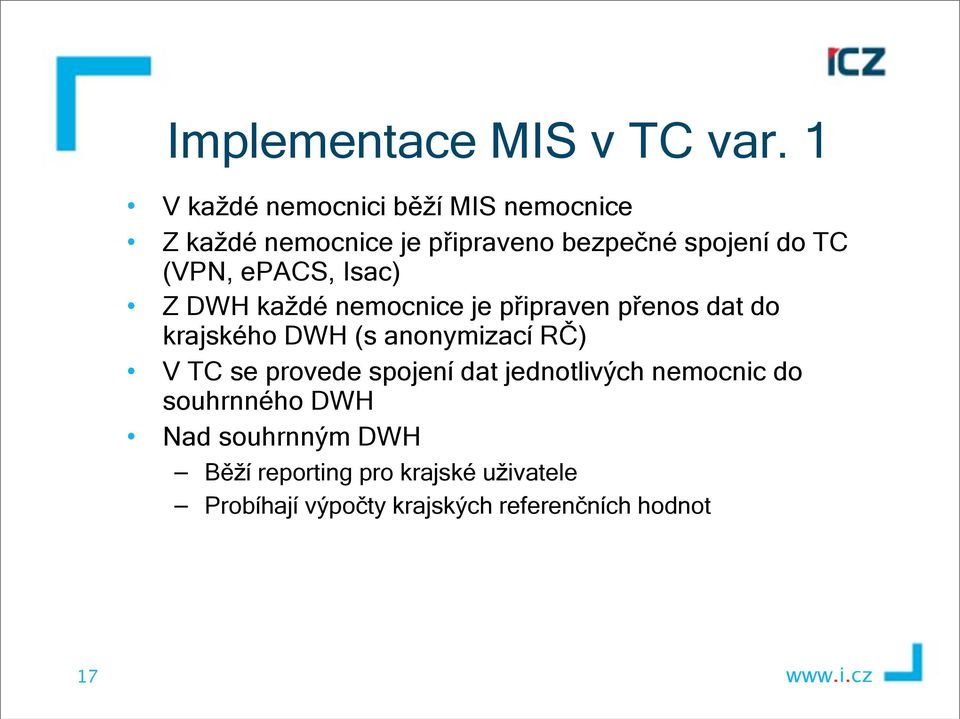 (VPN, epacs, Isac) Z DWH každé nemocnice je připraven přenos dat do krajského DWH (s anonymizací