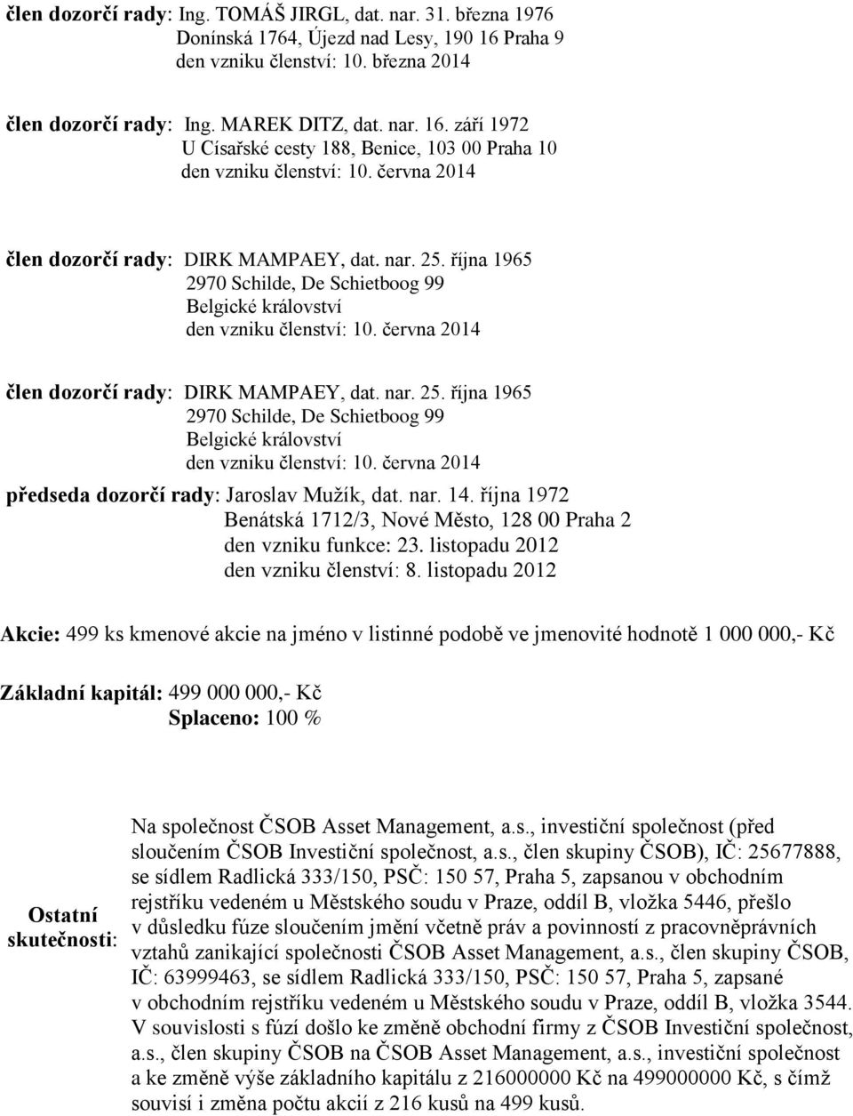 června 2014 předseda dozorčí rady: Jaroslav Mužík, dat. nar. 14. října 1972 Benátská 1712/3, Nové Město, 128 00 Praha 2 den vzniku funkce: 23. listopadu 2012 den vzniku členství: 8.