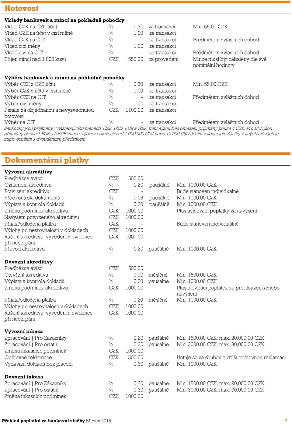 00 za transakci Vklad cizí na CIT % - za transakci Předmětem zvláštních dohod Přijetí mincí nad 1 000 kusů CZK 550.