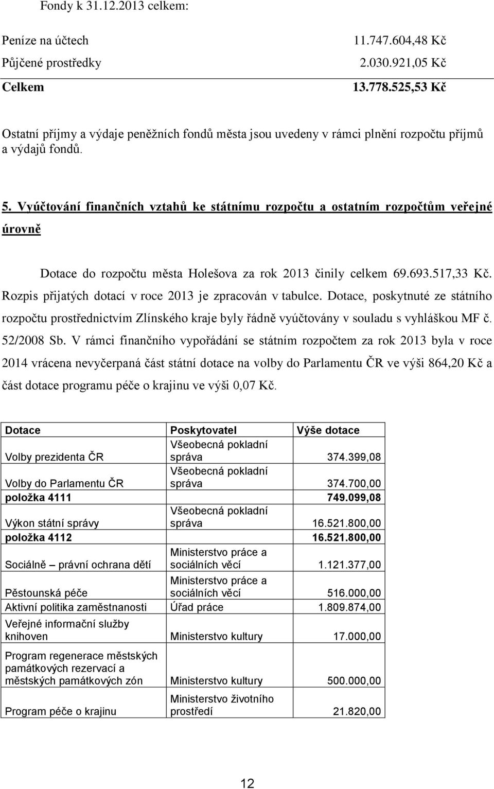 Vyúčtování finančních vztahů ke státnímu rozpočtu a ostatním rozpočtům veřejné úrovně Dotace do rozpočtu města Holešova za rok 2013 činily celkem 69.693.517,33 Kč.