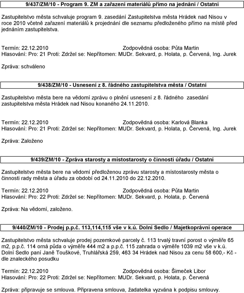 Zodpovědná osoba: Půta Martin Hlasování: Pro: 21 Proti: Zdržel se: Nepřítomen: MUDr. Sekvard, p. Holata, p. Červená, Ing. Jurek Zpráva: schváleno 9/438/ZM/10 - Usnesení z 8.