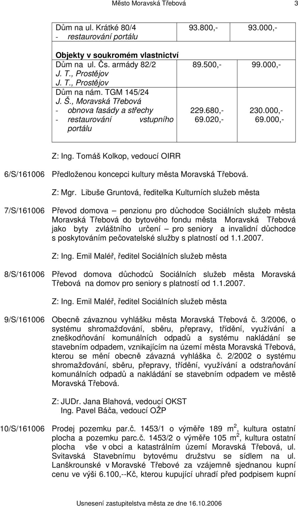 Tomáš Kolkop, vedoucí OIRR 6/S/161006 Předloženou koncepci kultury města Moravská Třebová. Z: Mgr.