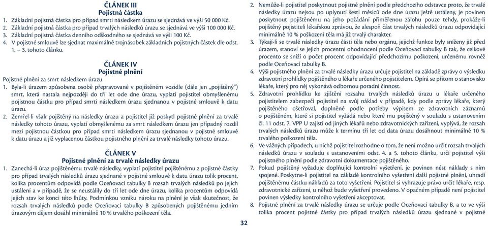 V pojistné smlouvě lze sjednat maximálně trojnásobek základních pojistných částek dle odst. 1. 3.tohotočlánku. ČLÁNEK IV Pojistné plnění Pojistné plnění za smrt následkem úrazu 1.