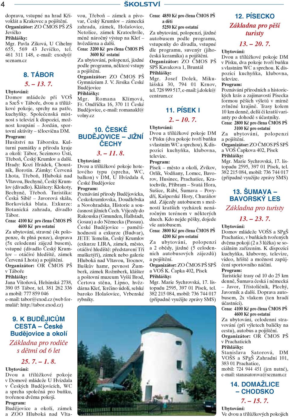 Husitství na Táborsku. Kulturní památky a příroda kraje a okolí: Tábor, Sezimovo Ústí, Třeboň, Český Krumlov a další. Hrady: Kozí Hrádek, Choustník, Borotín.