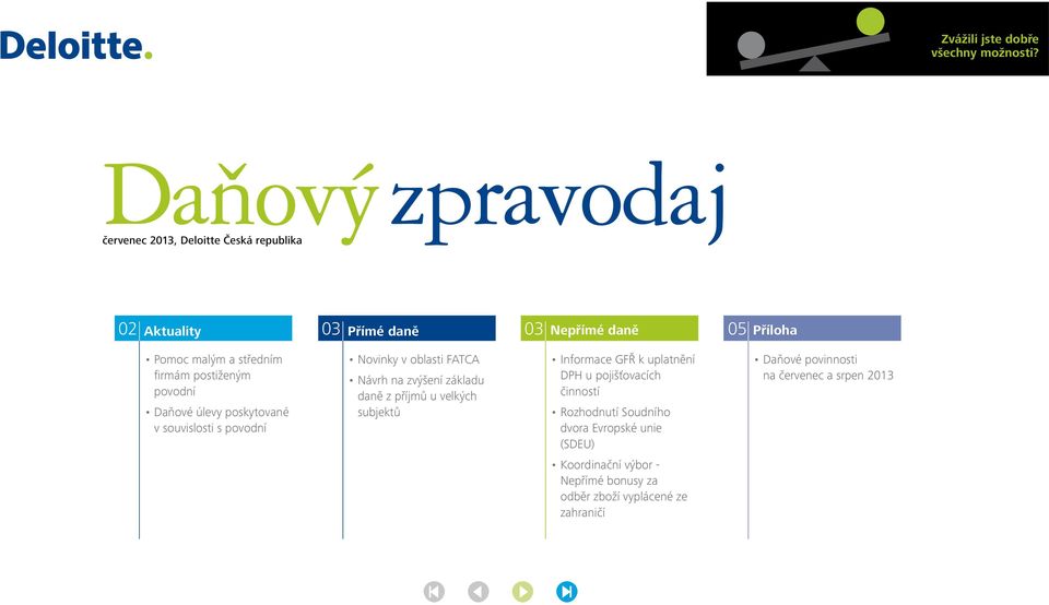 firmám postiženým povodní Daňové úlevy poskytované v souvislosti s povodní Novinky v oblasti FATCA Návrh na zvýšení základu daně z