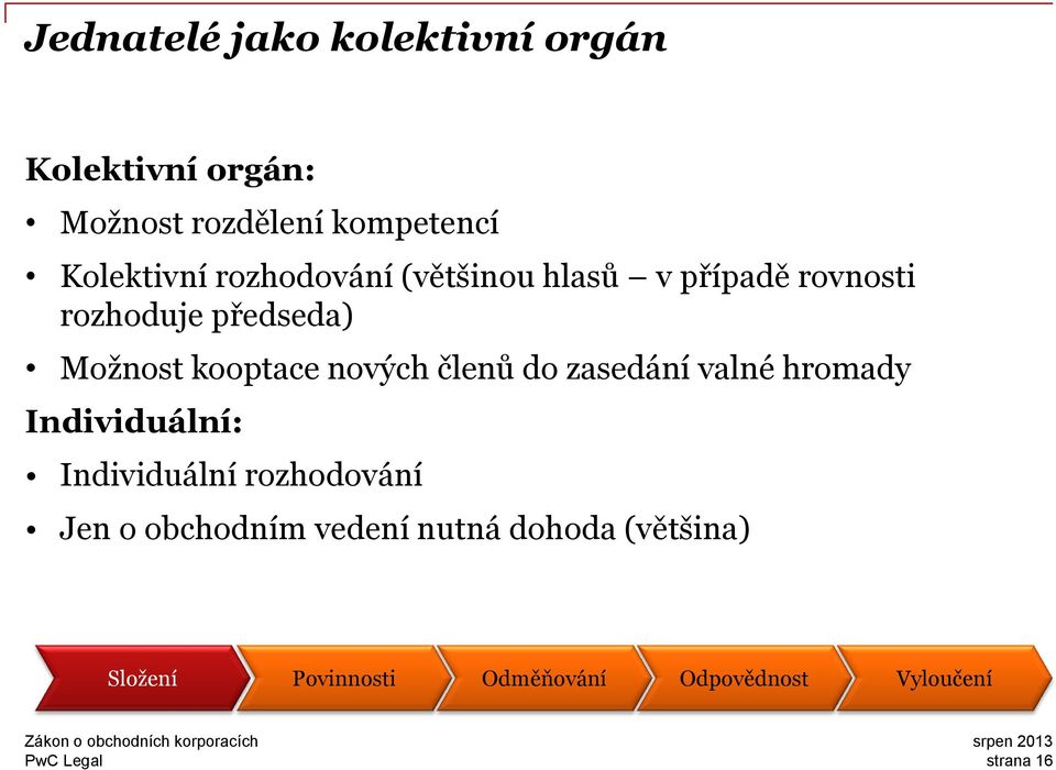 nových členů do zasedání valné hromady Individuální: Individuální rozhodování Jen o