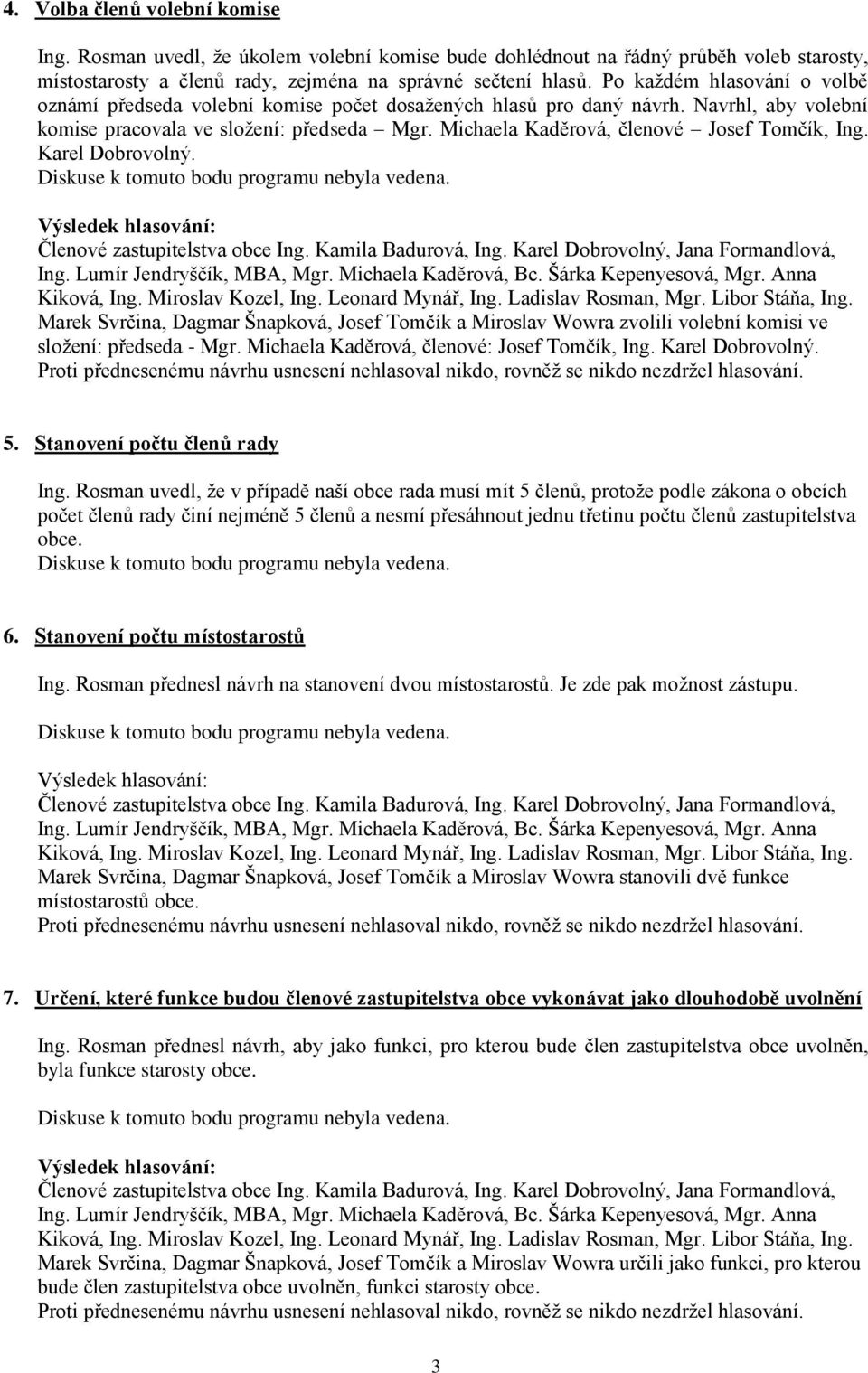 Michaela Kaděrová, členové Josef Tomčík, Ing. Karel Dobrovolný. Marek Svrčina, Dagmar Šnapková, Josef Tomčík a Miroslav Wowra zvolili volební komisi ve složení: předseda - Mgr.