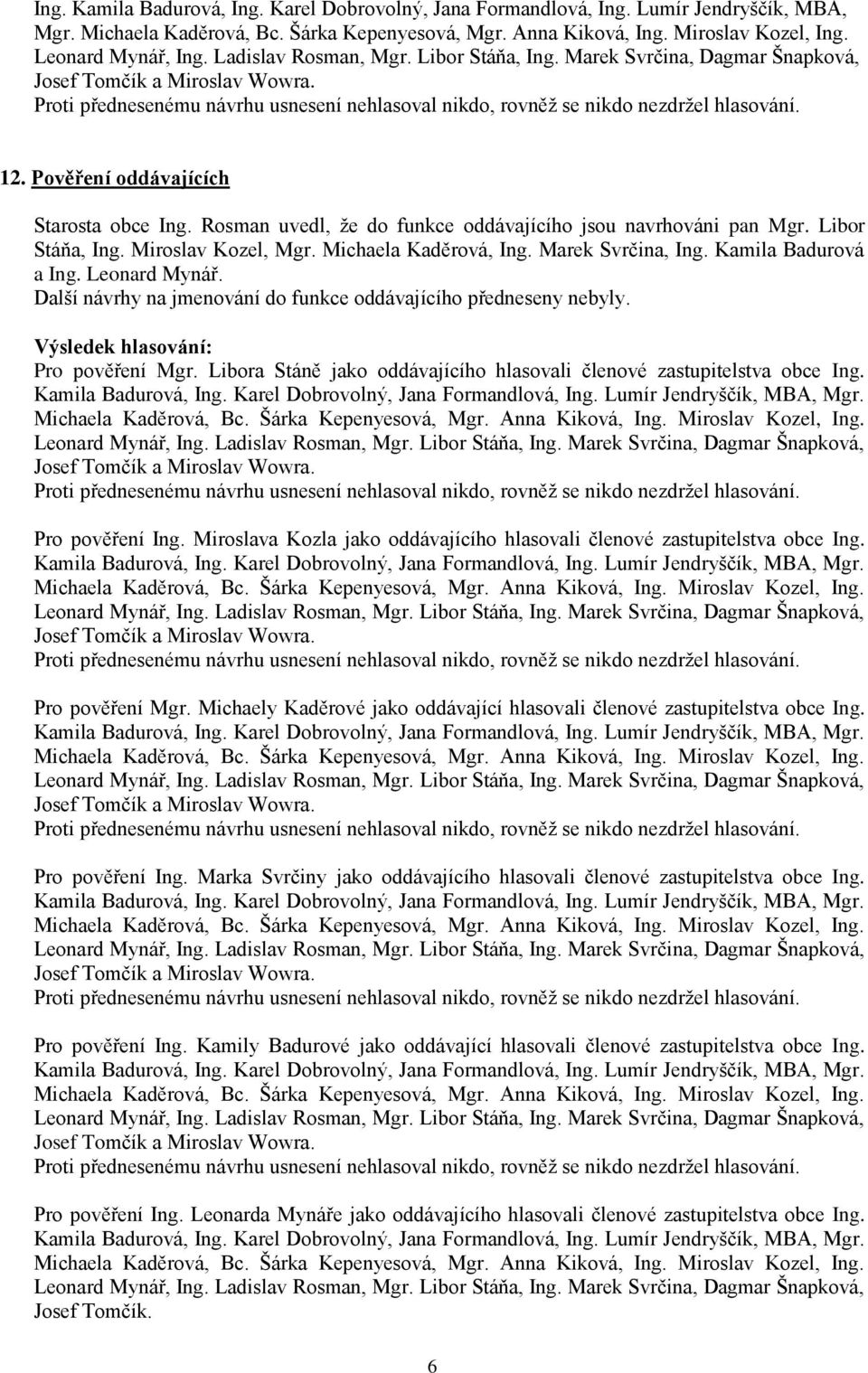 Další návrhy na jmenování do funkce oddávajícího předneseny nebyly. Pro pověření Mgr. Libora Stáně jako oddávajícího hlasovali členové zastupitelstva obce Ing. Pro pověření Ing.