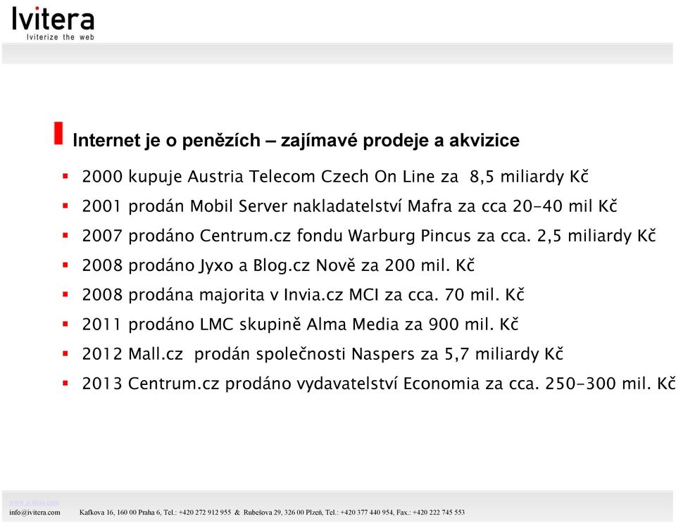 2,5 miliardy Kč 2008 prodáno Jyxo a Blog.cz Nově za 200 mil. Kč 2008 prodána majorita v Invia.cz MCI za cca. 70 mil.