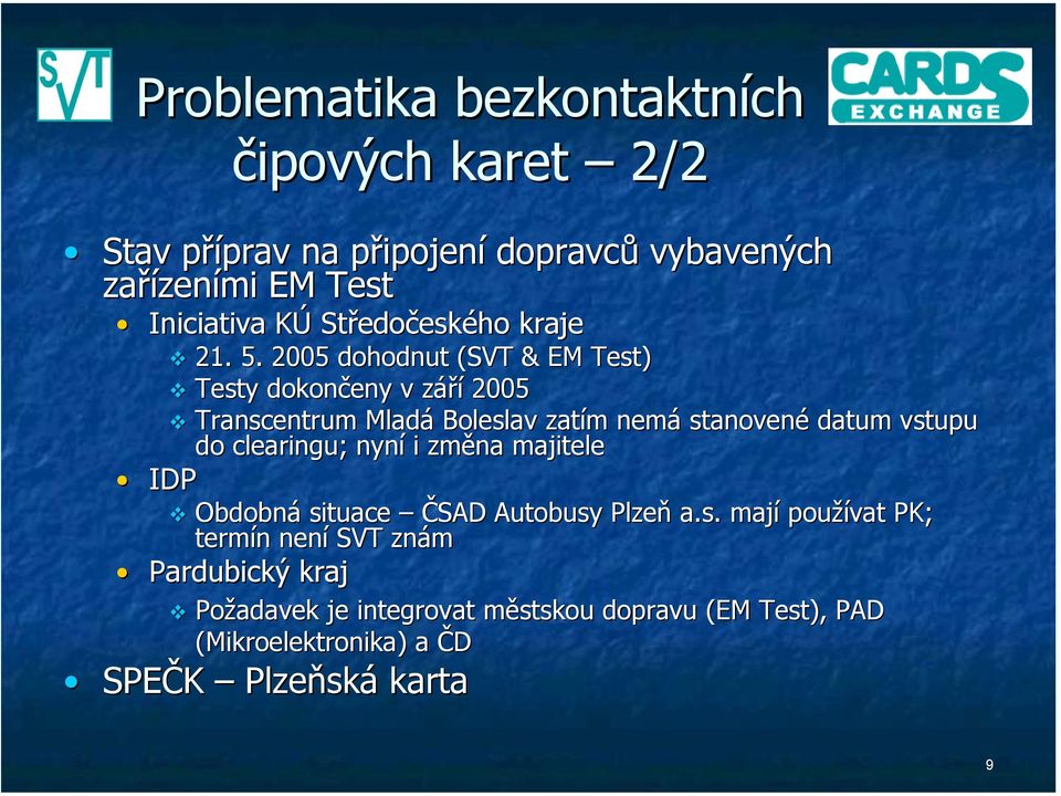2005 dohodnut (SVT & EM Test) Testy dokončeny v září 2005 Transcentrum Mladá Boleslav zatím nemá stanovené datum vstupu do