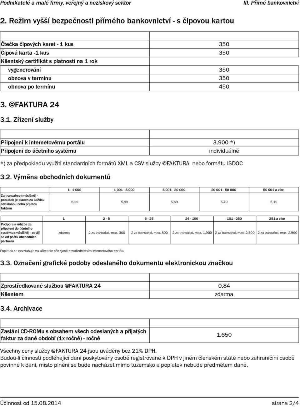 350 obnova po termínu 450 3. @FAKTURA 24 3.1. Zřízení služby Připojení k internetovému portálu 3.