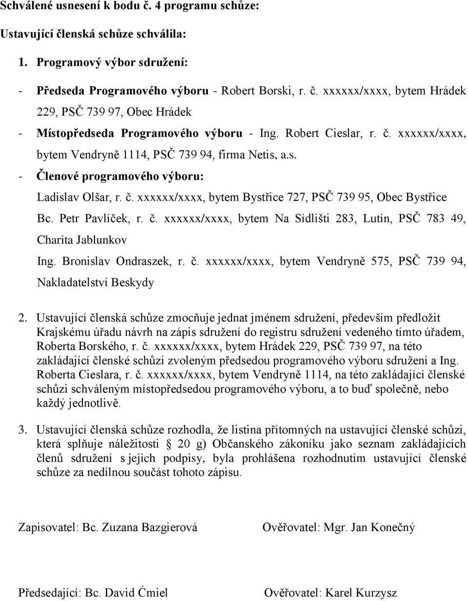 Petr Pavlíček, r. č. xxxxxx/xxxx, bytem Na Sídlišti 283, Lutín, PSČ 783 49, Charita Jablunkov Ing. Bronislav Ondraszek, r. č. xxxxxx/xxxx, bytem Vendryně 575, PSČ 739 94, Nakladatelství Beskydy 2.