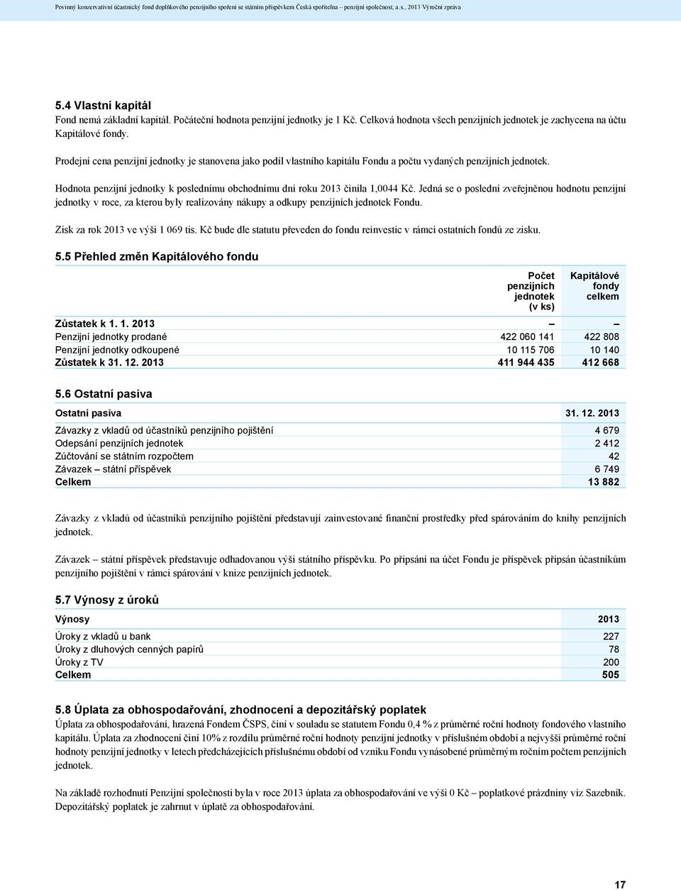 Prodejní cena penzijní jednotky je stanovena jako podíl vlastního kapitálu Fondu a počtu vydaných penzijních jednotek. Hodnota penzijní jednotky k poslednímu obchodnímu dni roku 2013 činila 1,0044 Kč.