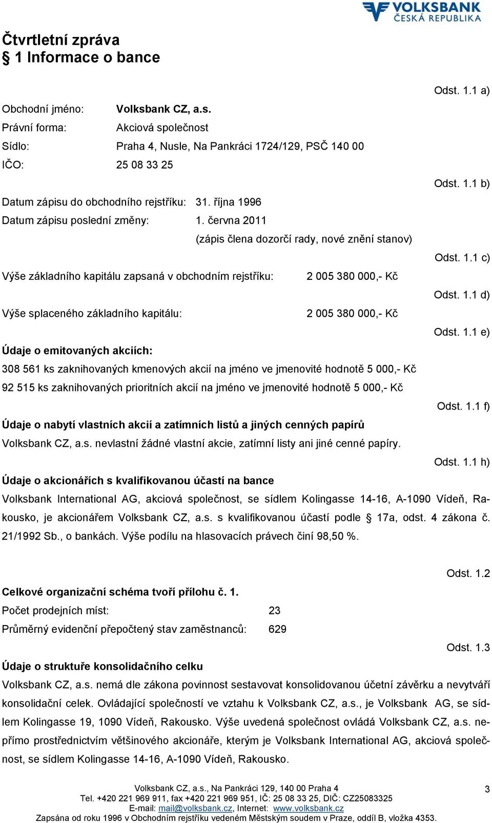 1.1 e) Údaje o emitovaných akciích: 308 561 ks zaknihovaných kmenových akcií na jméno ve jmenovité hodnotě 5 000,- Kč 92 515 ks zaknihovaných prioritních akcií na jméno ve jmenovité hodnotě 5 000,-