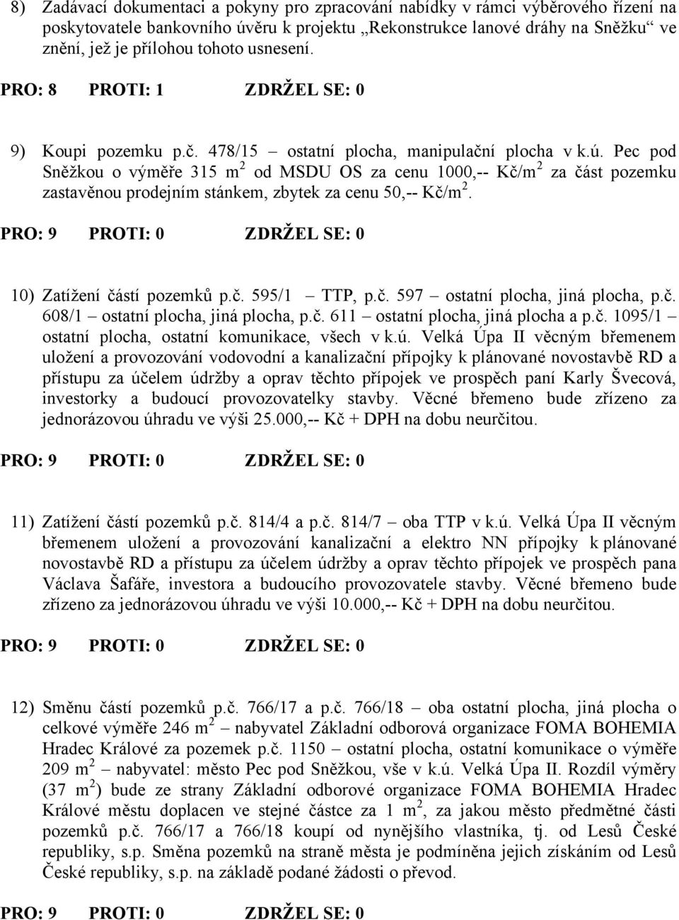 Pec pod Sněžkou o výměře 315 m 2 od MSDU OS za cenu 1000,-- Kč/m 2 za část pozemku zastavěnou prodejním stánkem, zbytek za cenu 50,-- Kč/m 2. 10) Zatížení částí pozemků p.č. 595/1 TTP, p.č. 597 ostatní plocha, jiná plocha, p.