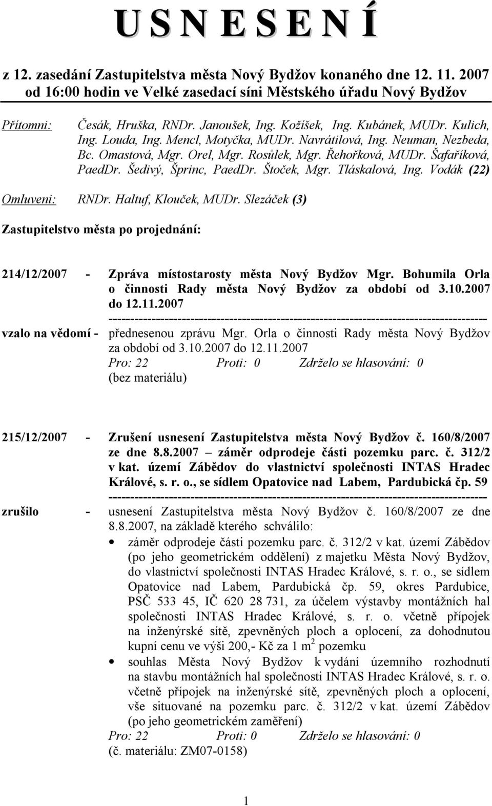 Šafaříková, PaedDr. Šedivý, Šprinc, PaedDr. Štoček, Mgr. Tláskalová, Ing. Vodák (22) Omluveni: RNDr. Haltuf, Klouček, MUDr.