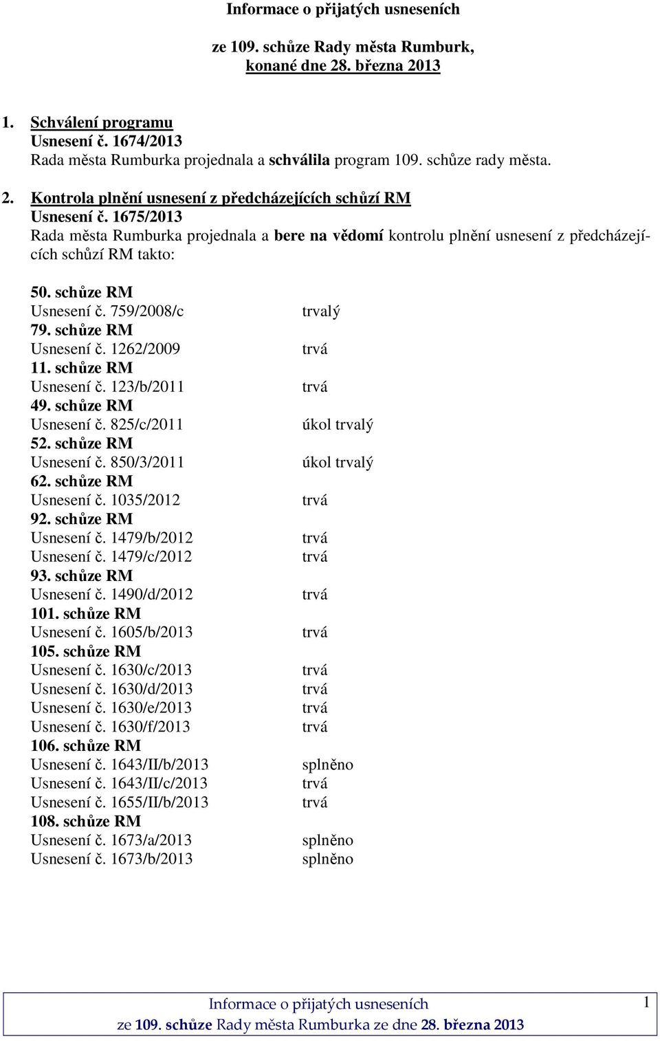 schůze RM Usnesení č. 123/b/2011 49. schůze RM Usnesení č. 825/c/2011 52. schůze RM Usnesení č. 850/3/2011 62. schůze RM Usnesení č. 1035/2012 92. schůze RM Usnesení č. 1479/b/2012 Usnesení č.