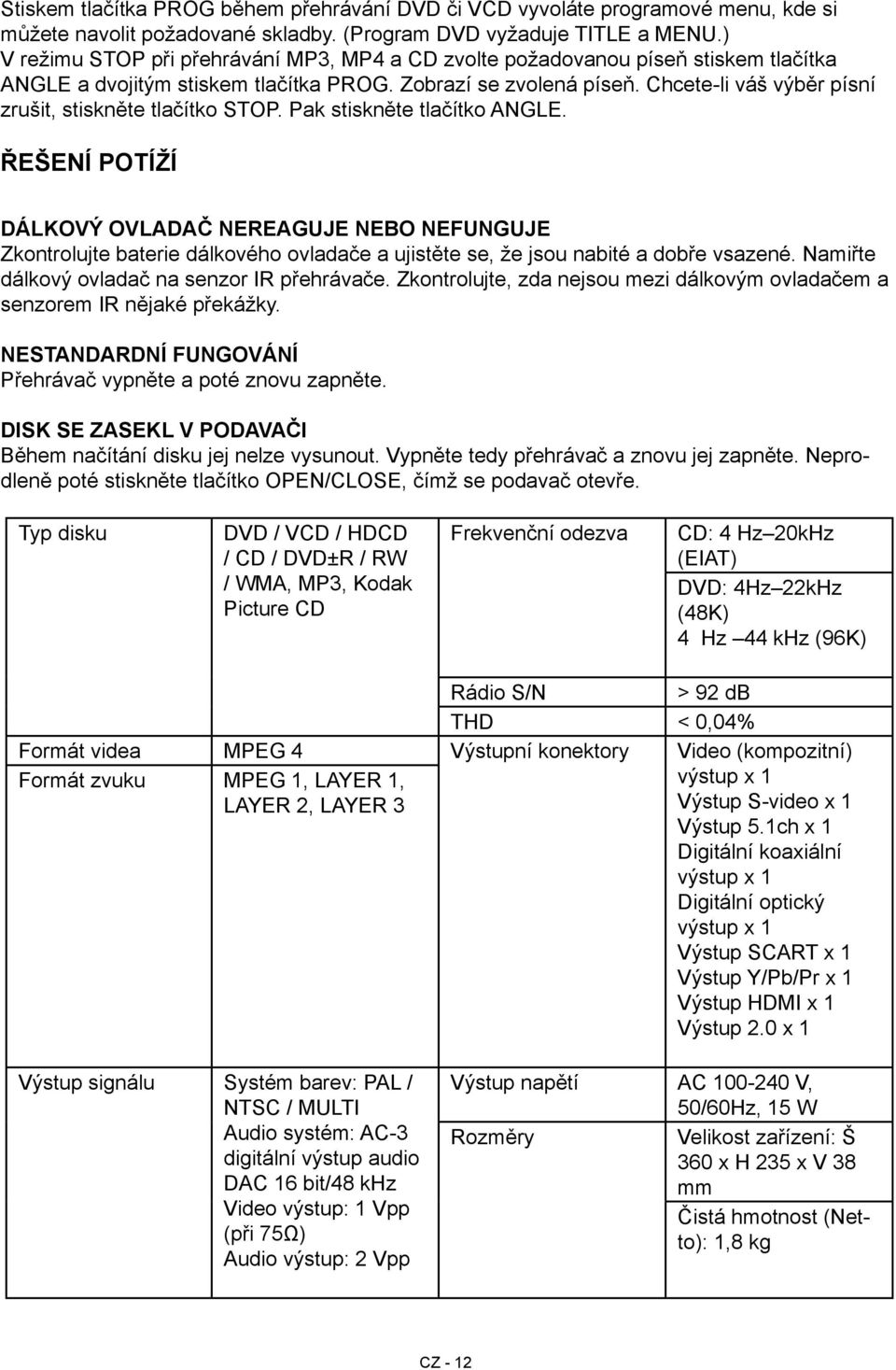 Chcete-li váš výběr písní zrušit, stiskněte tlačítko STOP. Pak stiskněte tlačítko ANGLE.