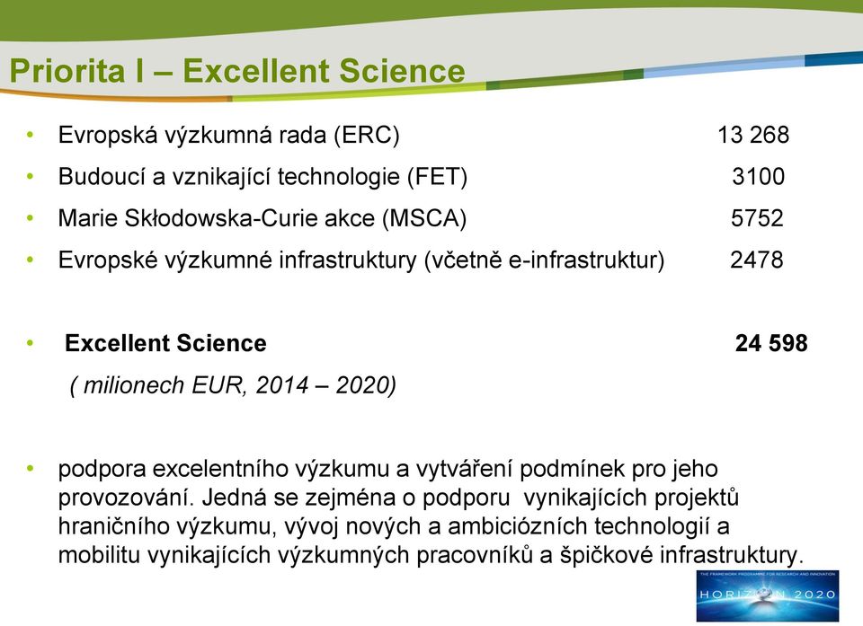 milionech EUR, 2014 2020) podpora excelentního výzkumu a vytváření podmínek pro jeho provozování.
