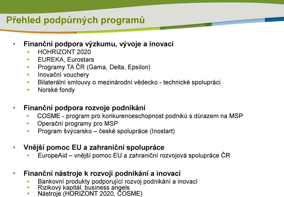 na MSP Operační programy pro MSP Program švýcarsko české spolupráce (Inostart) Vnější pomoc EU a zahraniční spolupráce EuropeAid vnější pomoc EU a zahraniční rozvojová