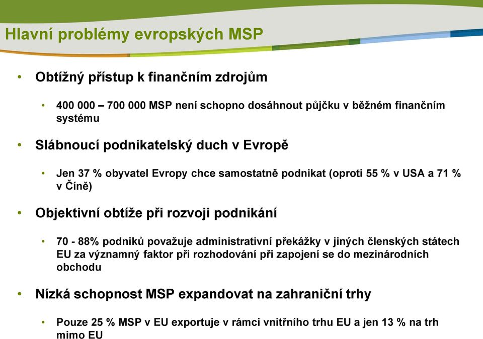 rozvoji podnikání 70-88% podniků považuje administrativní překážky v jiných členských státech EU za významný faktor při rozhodování při zapojení se