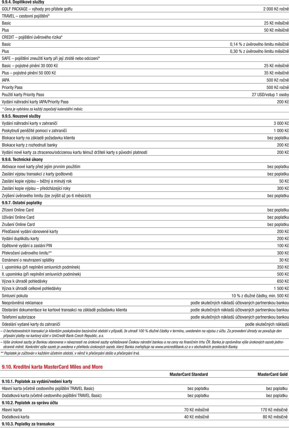 Basic pojistné plnění 30 000 Kč Plus pojistné plnění 50 000 Kč IAPA Priority Pass Použití karty Priority Pass Vydání náhradní karty IAPA/Priority Pass * Cena je vybírána za každý započatý kalendářní
