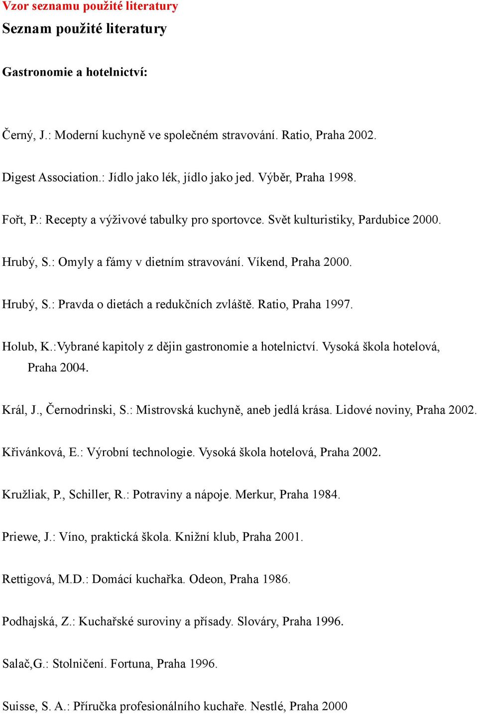 Víkend, Praha 2000. Hrubý, S.: Pravda o dietách a redukčních zvláště. Ratio, Praha 1997. Holub, K.:Vybrané kapitoly z dějin gastronomie a hotelnictví. Vysoká škola hotelová, Praha 2004. Král, J.