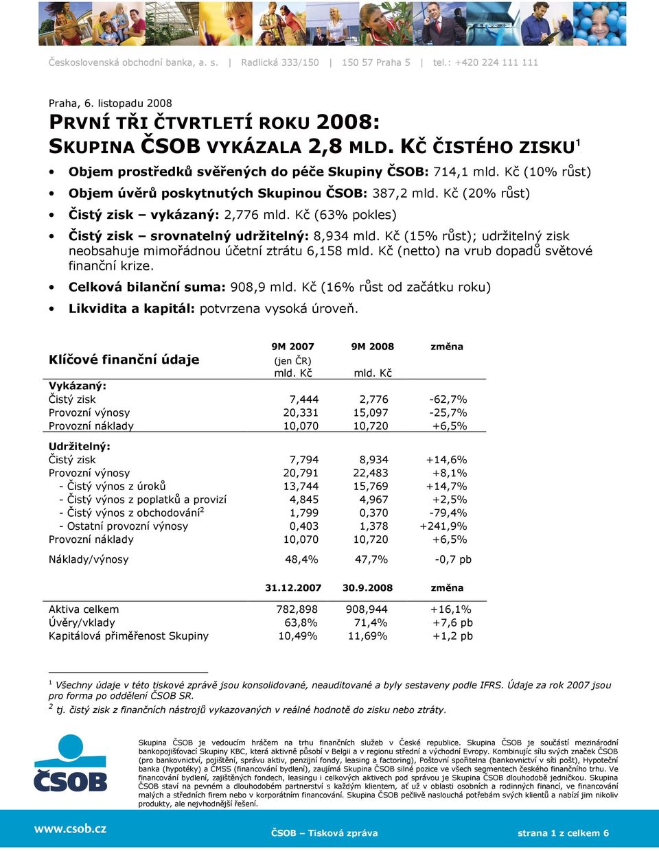 Kč (15% růst); udržitelný zisk neobsahuje mimořádnou účetní ztrátu 6,158 mld. Kč (netto) na vrub dopadů světové finanční krize. Celková bilanční suma: 908,9 mld.