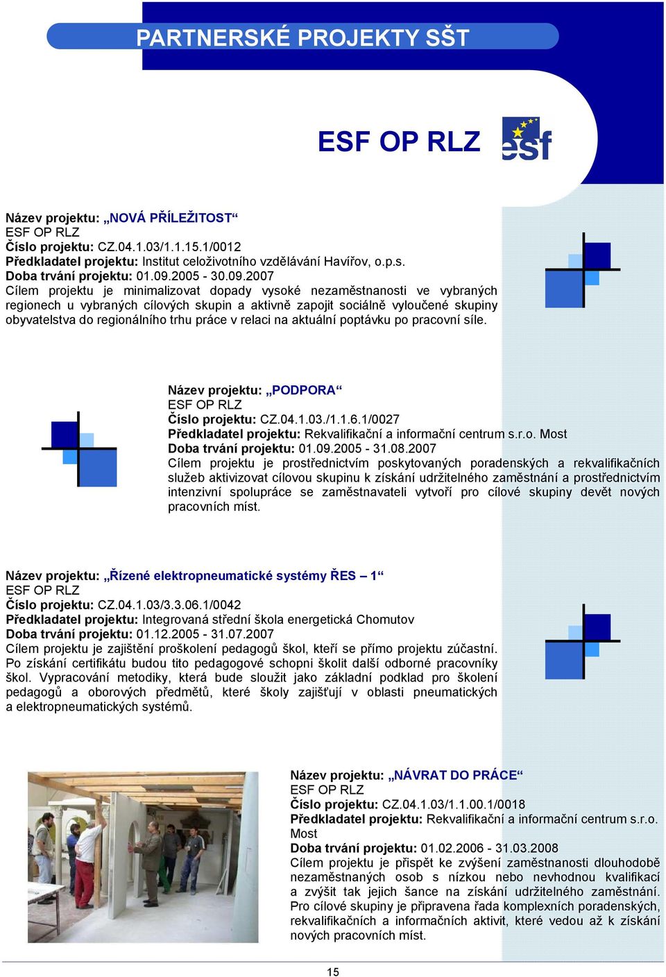 2007 Cílem projektu je minimalizovat dopady vysoké nezaměstnanosti ve vybraných regionech u vybraných cílových skupin a aktivně zapojit sociálně vyloučené skupiny obyvatelstva do regionálního trhu