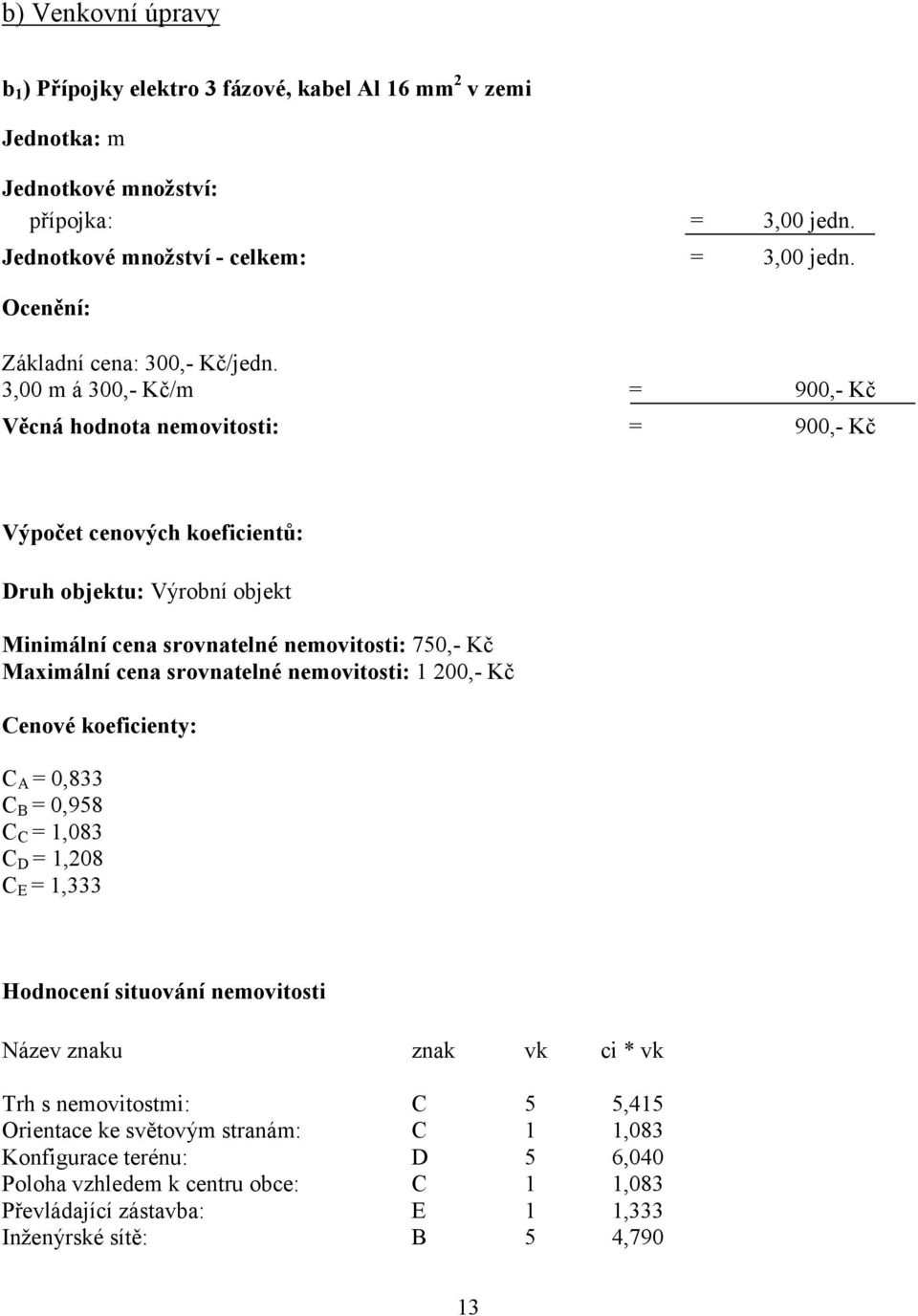 3,00 m á 300,- Kč/m = 900,- Kč Věcná hodnota nemovitosti: = 900,- Kč Výpočet cenových koeficientů: Druh objektu: Výrobní objekt Minimální cena srovnatelné nemovitosti: 750,- Kč Maximální cena