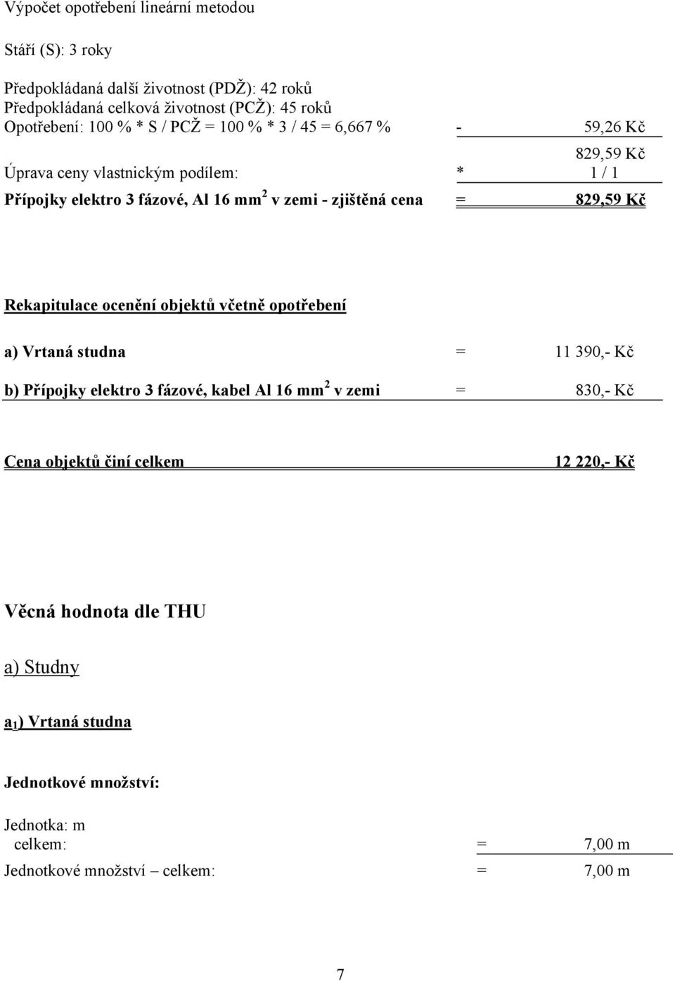 829,59 Kč Rekapitulace ocenění objektů včetně opotřebení a) Vrtaná studna = 11 390,- Kč b) Přípojky elektro 3 fázové, kabel Al 16 mm 2 v zemi = 830,- Kč Cena