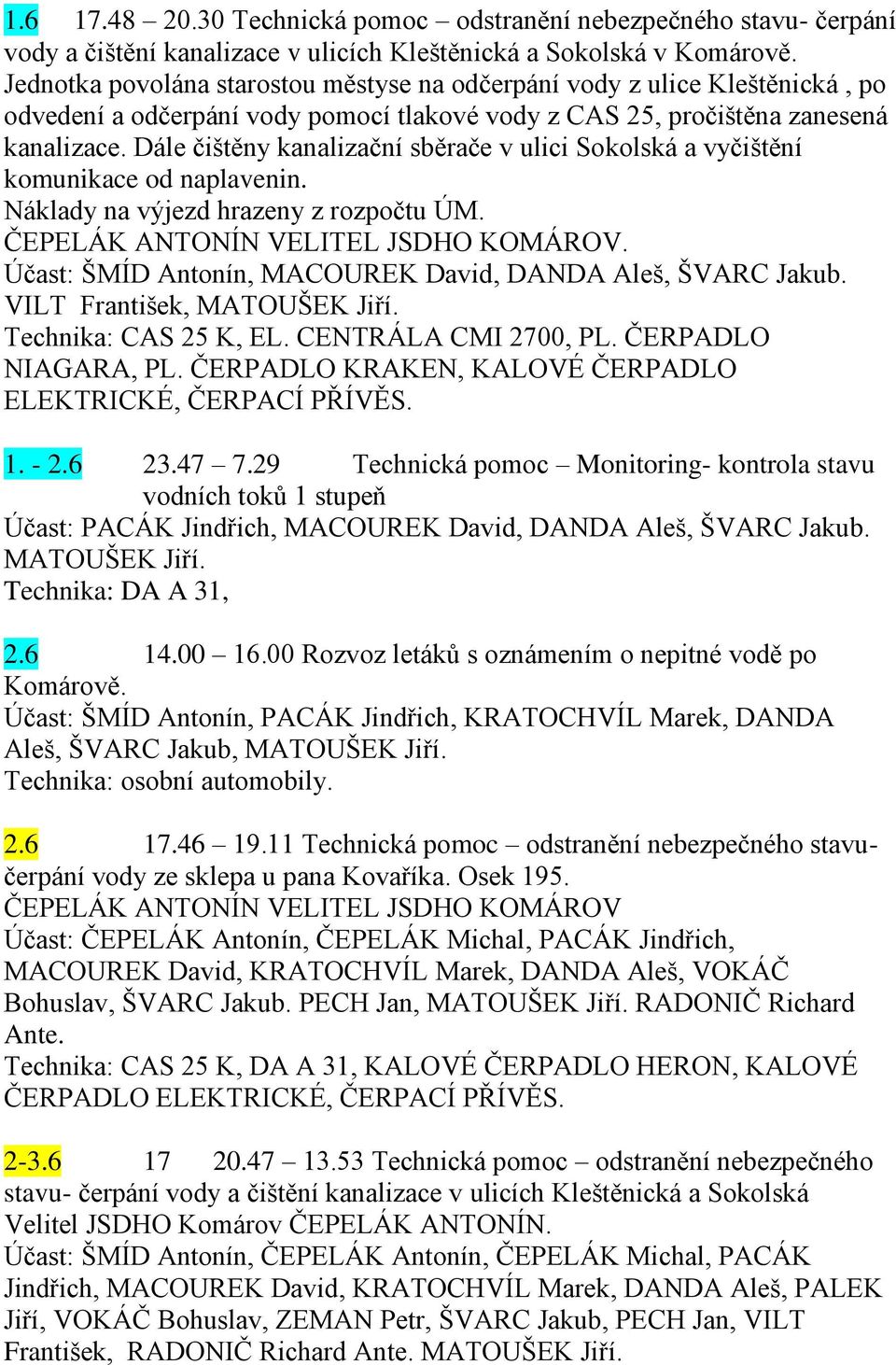 Dále čištěny kanalizační sběrače v ulici Sokolská a vyčištění komunikace od naplavenin. Náklady na výjezd hrazeny z rozpočtu ÚM. ČEPELÁK ANTONÍN VELITEL JSDHO KOMÁROV.