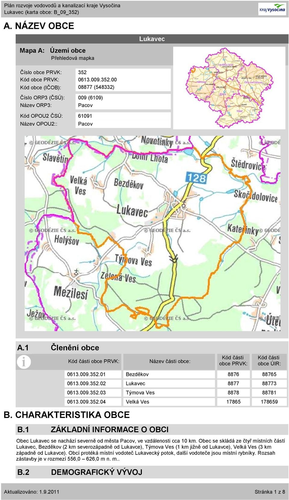1 Členění obce Kód části obce PRVK: Název části obce: Kód části obce PRVK: Kód části obce ÚIR: 0613.009.352.01 Bezděkov 8876 88765 0613.009.352.02 Lukavec 8877 88773 0613.009.352.03 Týmova Ves 8878 88781 0613.