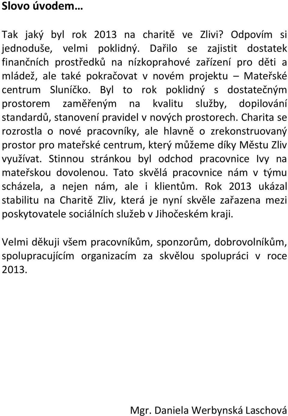 Byl to rok poklidný s dostatečným prostorem zaměřeným na kvalitu služby, dopilování standardů, stanovení pravidel v nových prostorech.