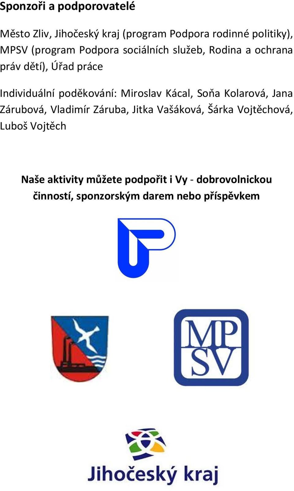 poděkování: Miroslav Kácal, Soňa Kolarová, Jana Zárubová, Vladimír Záruba, Jitka Vašáková, Šárka
