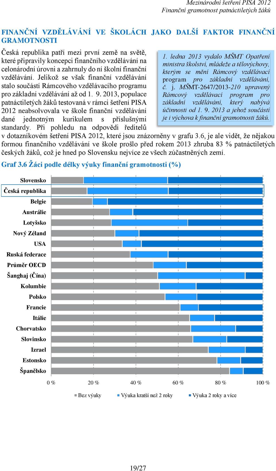 2013, populace patnáctiletých žáků testovaná v rámci šetření PISA 2012 neabsolvovala ve škole finanční vzdělávání dané jednotným kurikulem s příslušnými standardy.