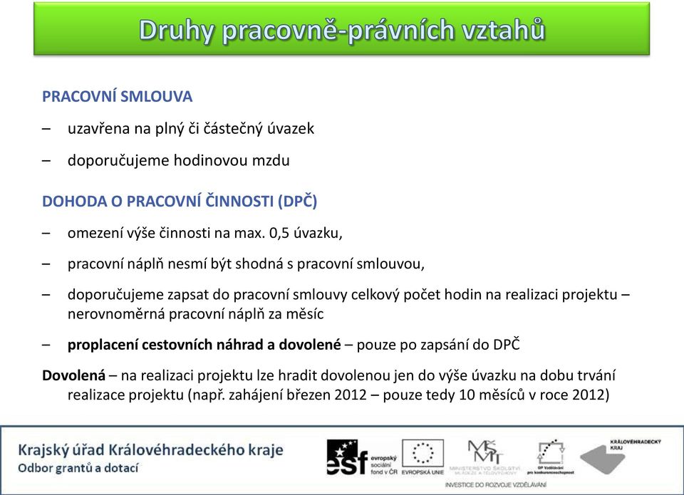 realizaci projektu nerovnoměrná pracovní náplň za měsíc proplacení cestovních náhrad a dovolené pouze po zapsání do DPČ Dovolená na