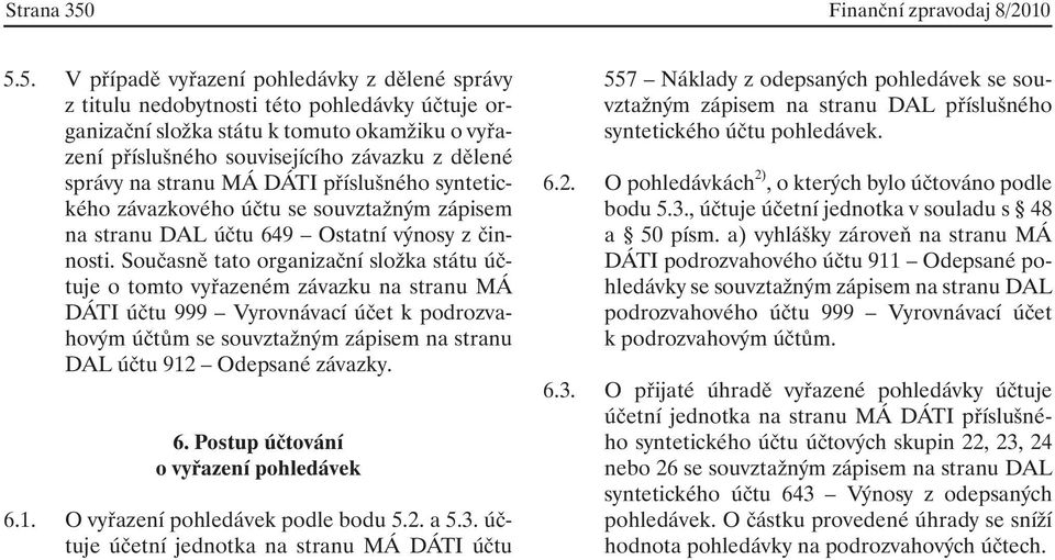 5. V případě vyřazení pohledávky z dělené správy z titulu nedobytnosti této pohledávky účtuje organizační složka státu k tomuto okamžiku o vyřazení příslušného souvisejícího závazku z dělené správy