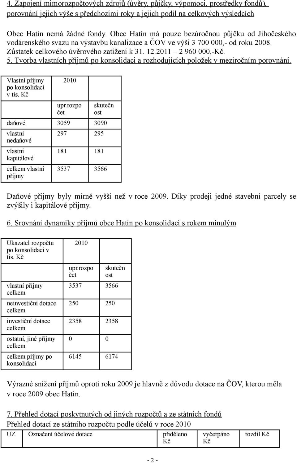 5. Tvorba vlastních příjmů po konsolidaci a rozhodujících položek v meziročním porovnání. Vlastní příjmy po konsolidaci v tis. 2010 upr.