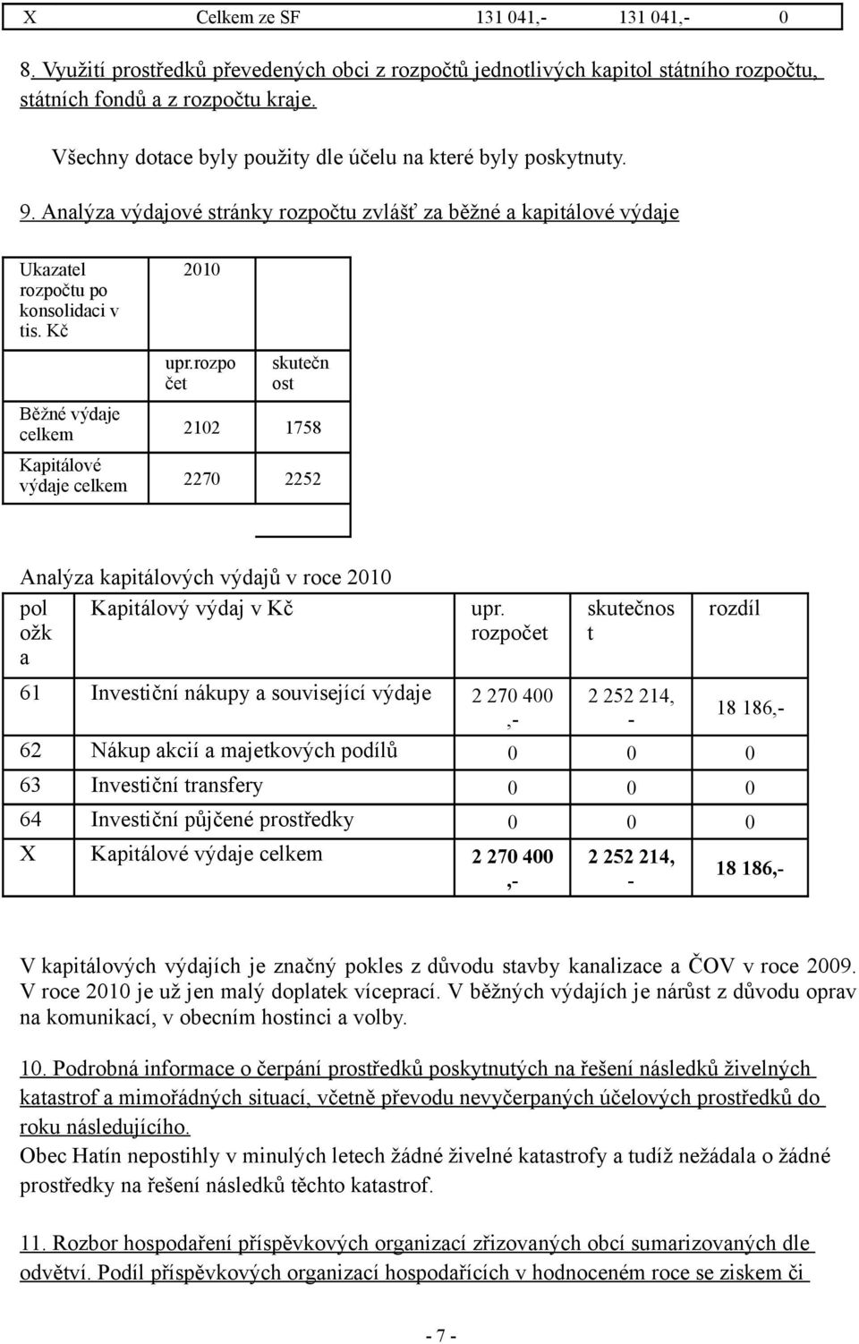 rozpo čet skutečn ost Běžné výdaje celkem 2102 1758 Kapitálové výdaje celkem 2270 2252 Analýza kapitálových výdajů v roce 2010 pol Kapitálový výdaj v ožk a upr.