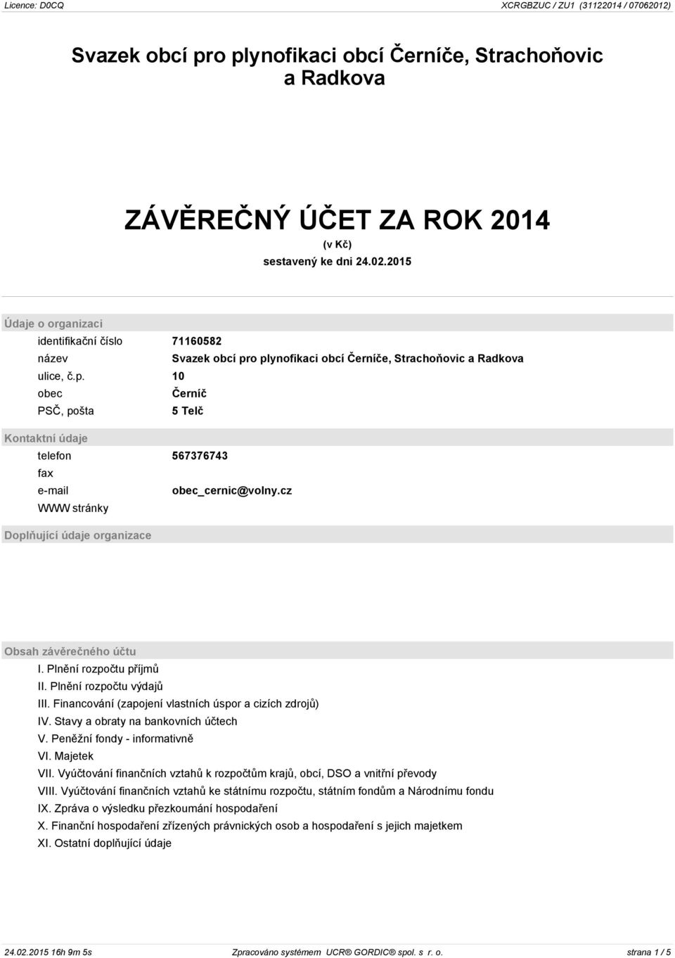 cz WWW stránky Doplňující údaje organizace Obsah závěrečného účtu I. Plnění rozpočtu příjmů II. Plnění rozpočtu výdajů III. Financování (zapojení vlastních úspor a cizích zdrojů) IV.