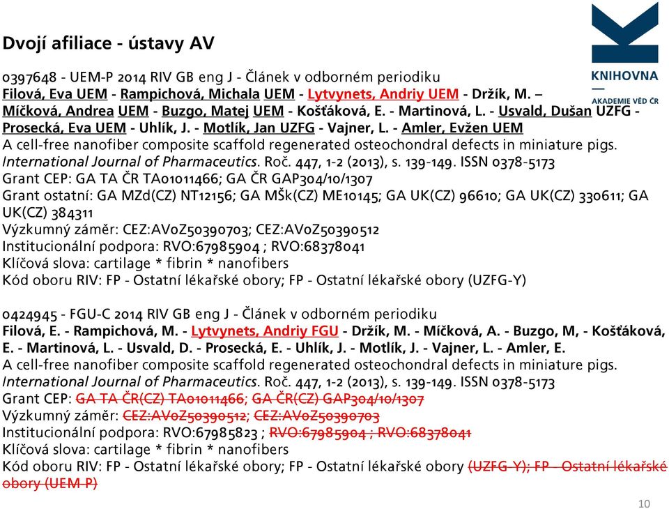 - Amler, Evžen UEM A cell-free nanofiber composite scaffold regenerated osteochondral defects in miniature pigs. International Journal of Pharmaceutics. Roč. 447, 1-2 (2013), s. 139-149.