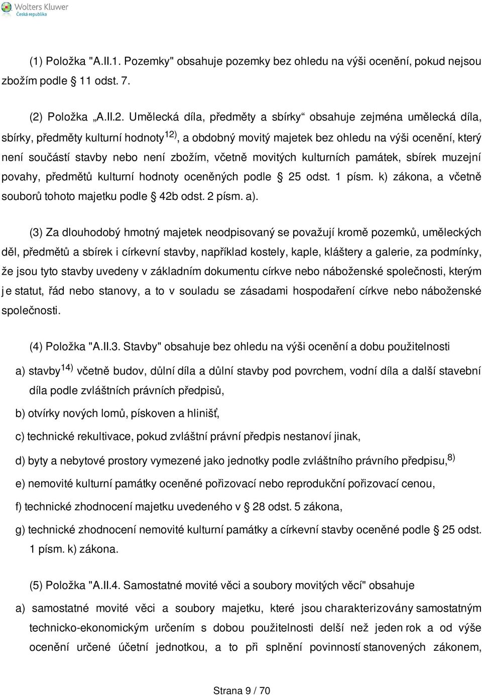 Umělecká díla, předměty a sbírky obsahuje zejména umělecká díla, sbírky, předměty kulturní hodnoty 12), a obdobný movitý majetek bez ohledu na výši ocenění, který není součástí stavby nebo není