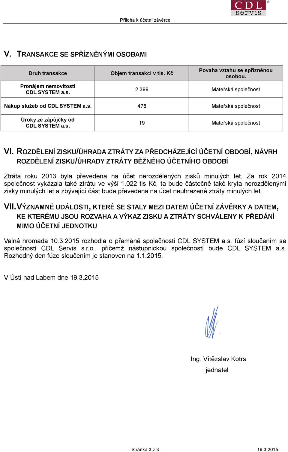 ROZDĚLENÍ ZISKU/ÚHRADA ZTRÁTY ZA PŘEDCHÁZEJÍCÍ ÚČETNÍ OBDOBÍ, NÁVRH ROZDĚLENÍ ZISKU/ÚHRADY ZTRÁTY BĚŽNÉHO ÚČETNÍHO OBDOBÍ Ztráta roku 2013 byla převedena na účet nerozdělených zisků minulých let.