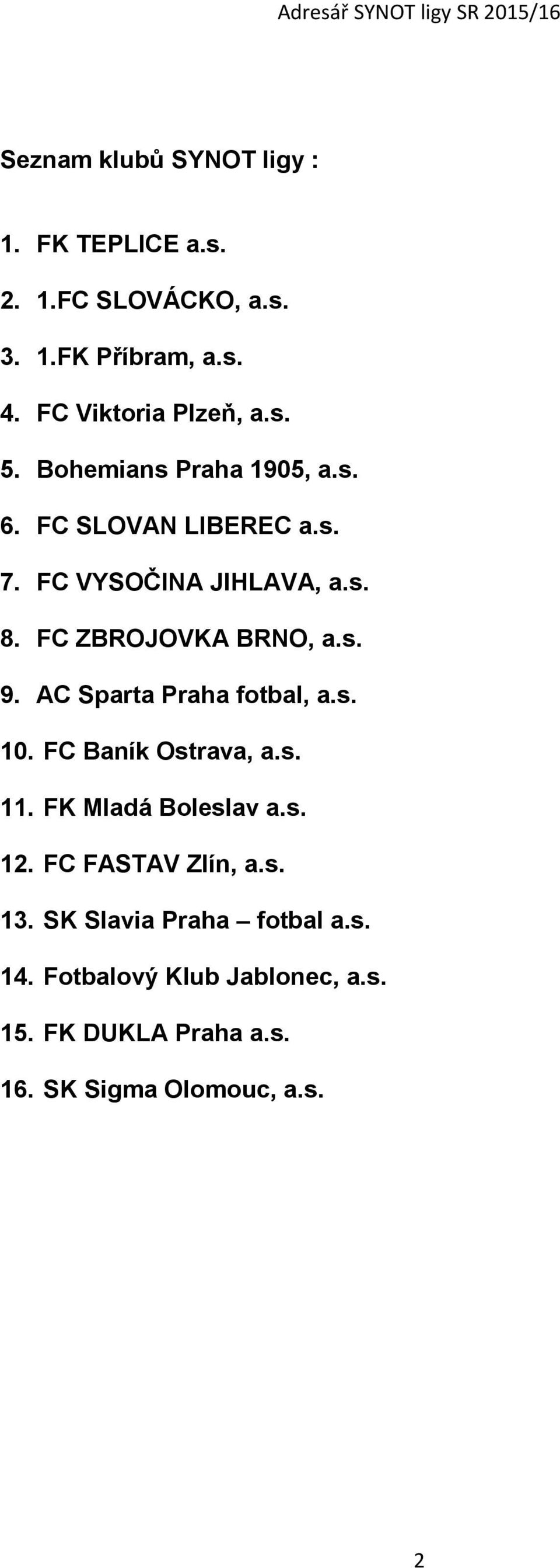 AC Sparta Praha fotbal, a.s. 10. FC Baník Ostrava, a.s. 11. FK Mladá Boleslav a.s. 12. FC FASTAV Zlín, a.s. 13.