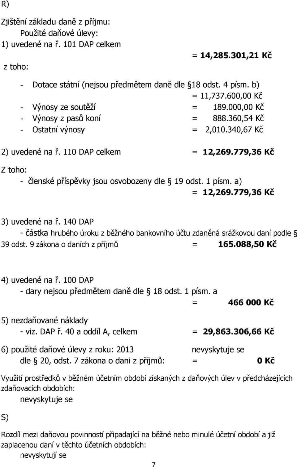 779,36 Kč Z toho: - členské příspěvky jsou osvobozeny dle 19 odst. 1 písm. a) = 12,269.779,36 Kč 3) uvedené na ř.